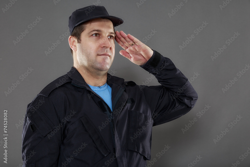 Security guard attack position isolated on gray background Security guard attack position isolated on gray background