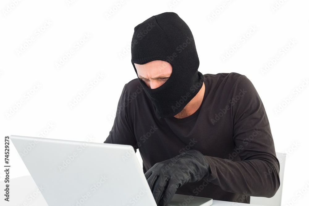Hacker using laptop to steal identity Hacker using laptop to steal identity