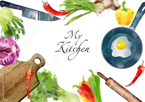 My kitchen Watercolor vector kitchen background