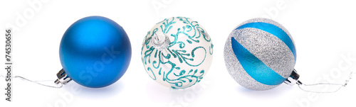 blue, white, blue-silver christmas balls on white background