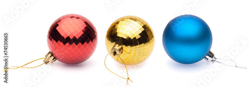 red, yellow, blue christmas balls on white background