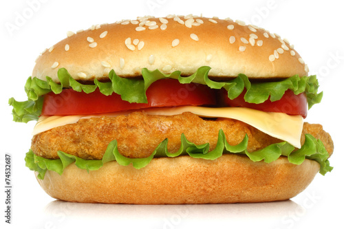 Big chicken hamburger on white background.