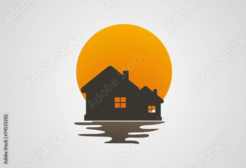 home platform beside lake with sunset logo vector