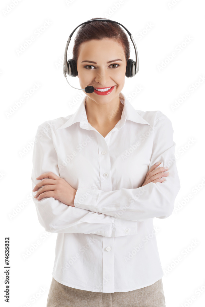 Smiling call center woman with folded arms Smiling call center woman with folded arms