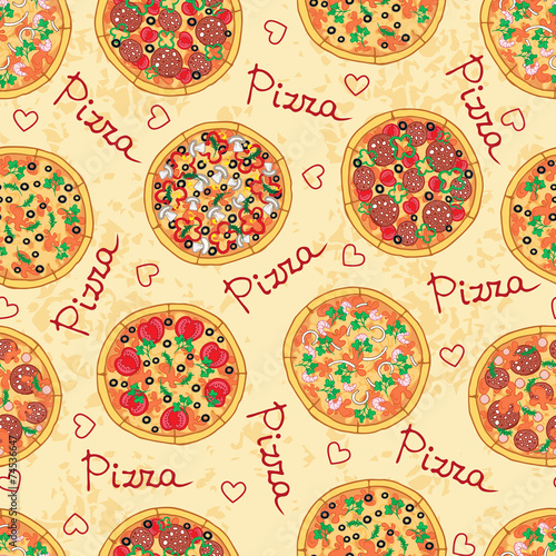 Vector pattern with different pizza and ingredients