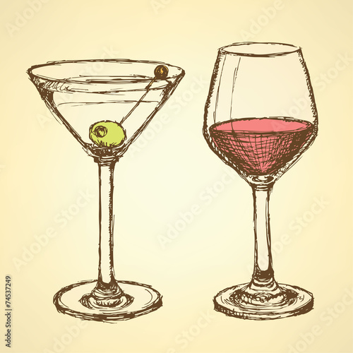 Sketch martini and wine glass in vintage style
