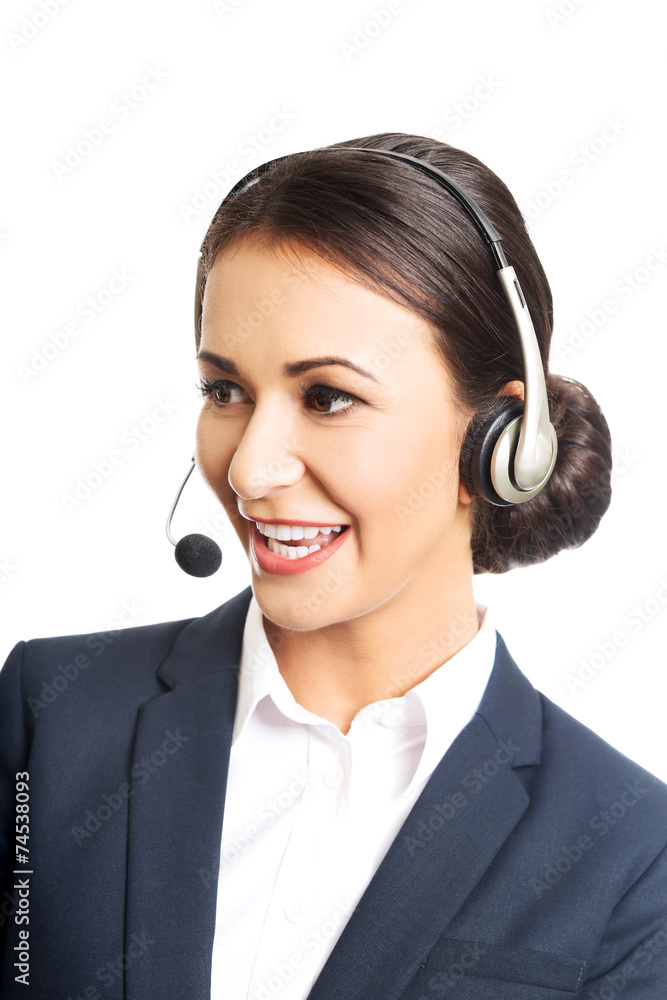 Portrait of call center woman talking to customer Portrait of call center woman talking to customer