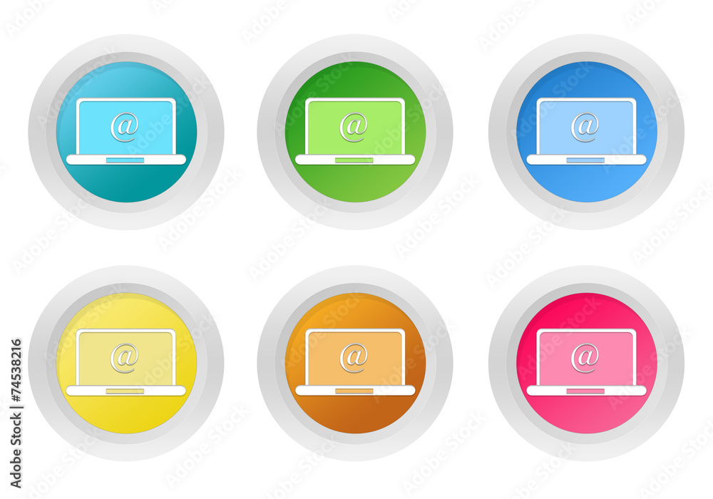 Set of rounded colorful buttons with computer symbol Set of rounded colorful buttons with computer symbol