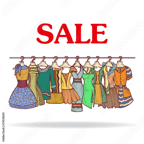 Vector illustration with sale of fashionable dresses for women