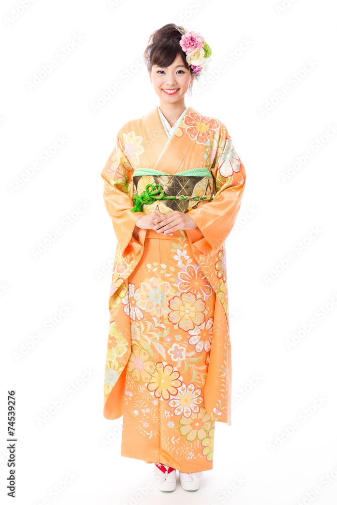 japanese woman wearing kimono on white background
