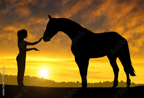 Girl with a horse at sunset