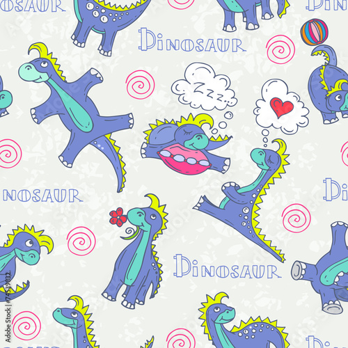 Vector seamless pattern with cartoon and funny dinosaurs