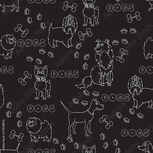 Vector seamless pattern with cartoon funny dogs in black