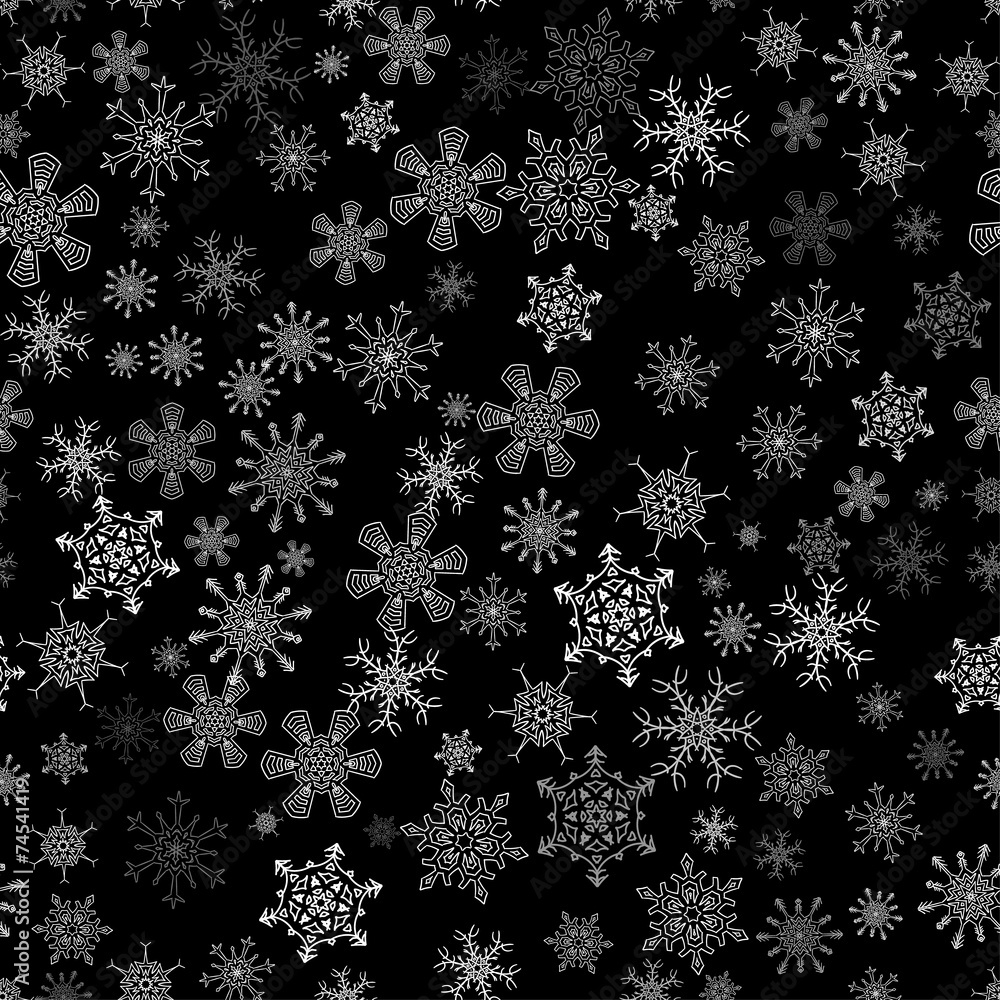 Black seamless Christmas pattern with different snowflakes Black seamless Christmas pattern with different snowflakes