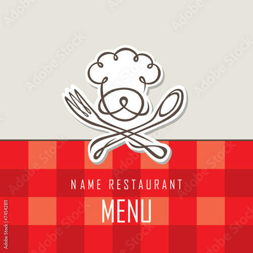 menu design with whiskered cook and kitchenware