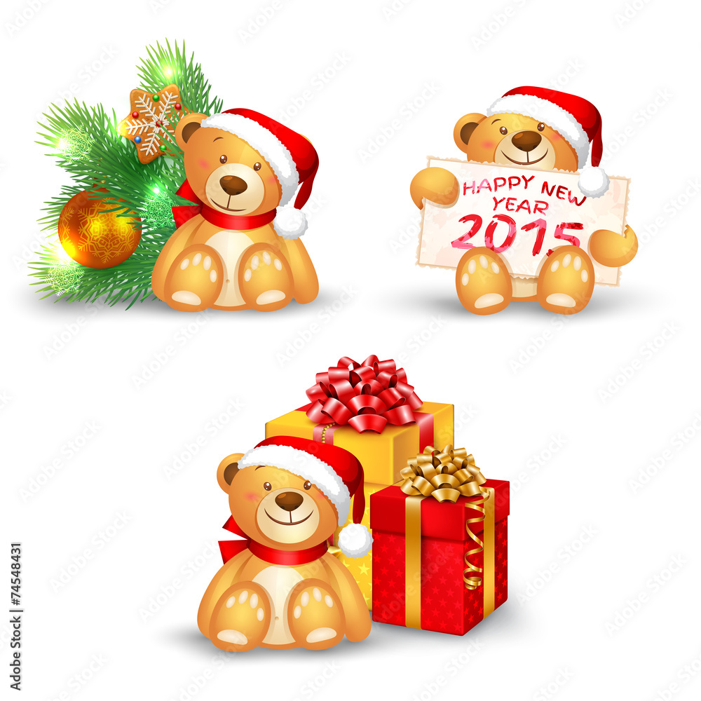 Set of Christmas icons with a cute teddy bear