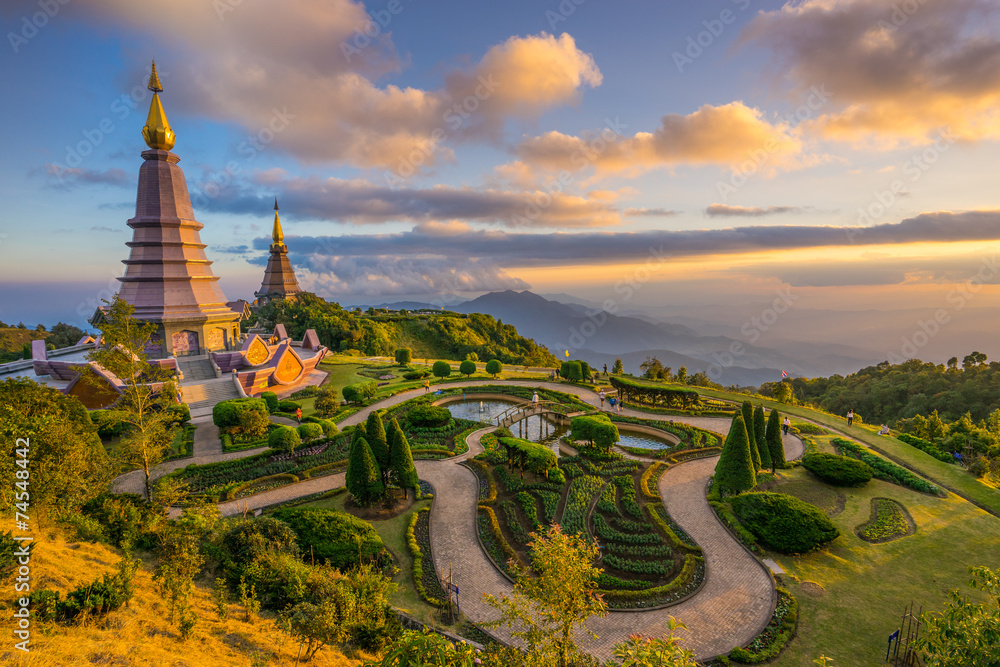 Landscape of two pagodas in an Inthanon mountain, Thailand.