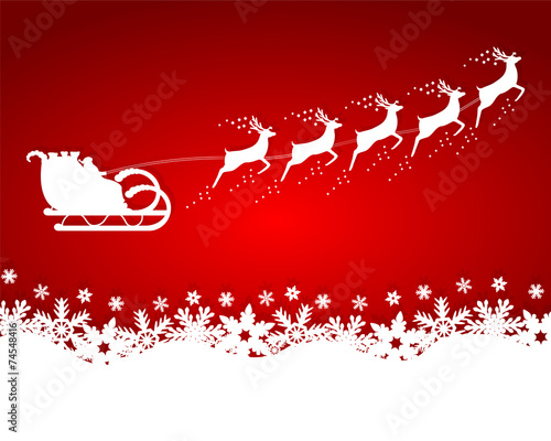 Santa Claus rides in a sleigh reindeer on red background with sn