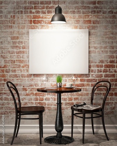 Photo mock up poster with retro cafe restaurant interior background