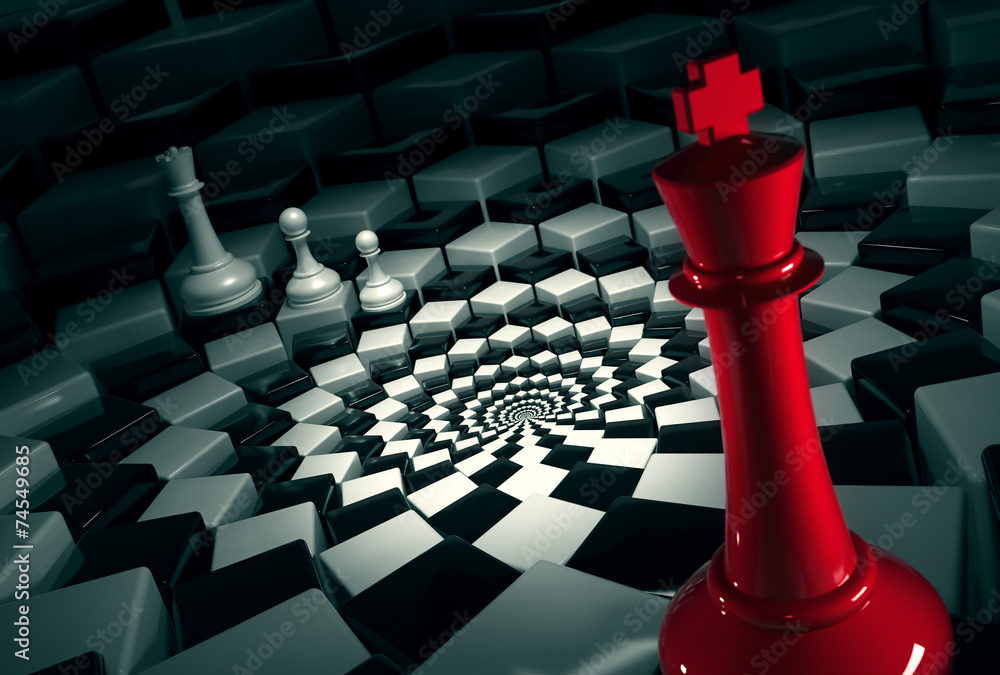 red chess king on round chessboard vs white figures - obrazy, fototapety, plakaty 