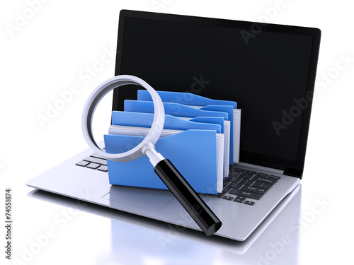3d laptop, magnifying glass and computer files