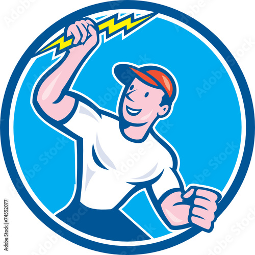 Electrician Holding Lightning Bolt Circle Cartoon