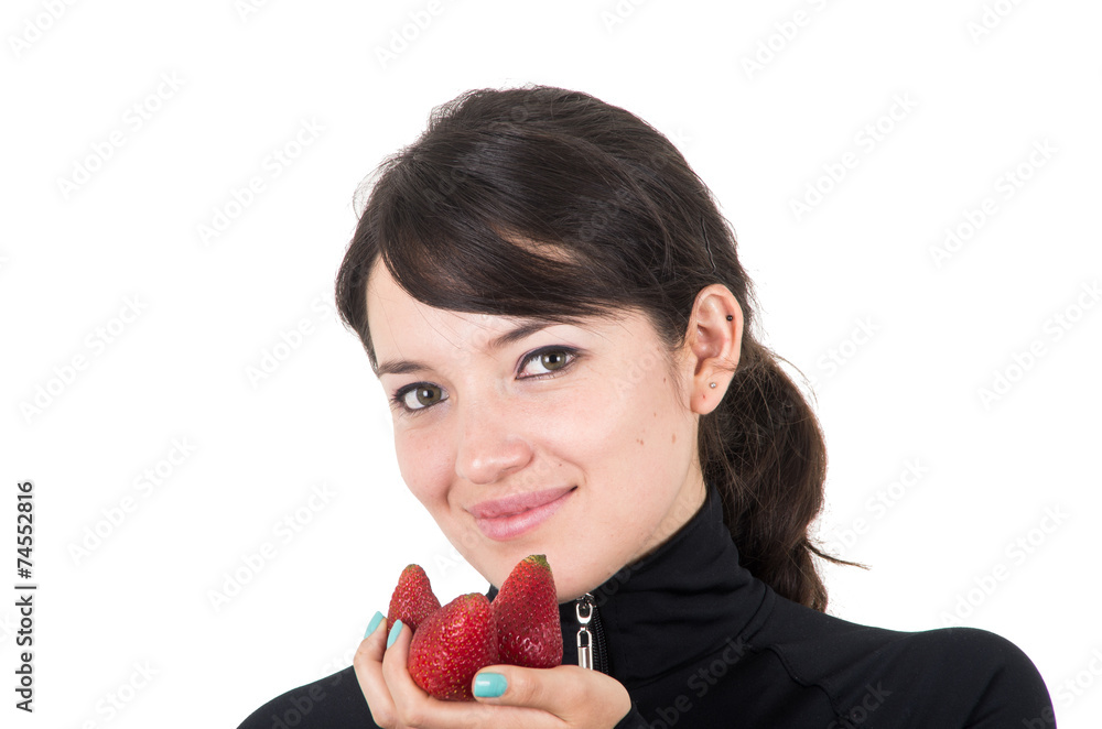 closeup portrait young girl holding red strawberries closeup portrait young girl holding red strawberries