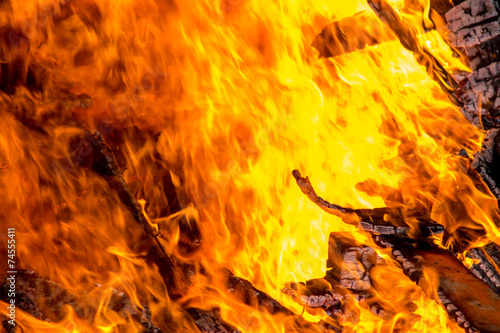 Burning wood pallets in flames