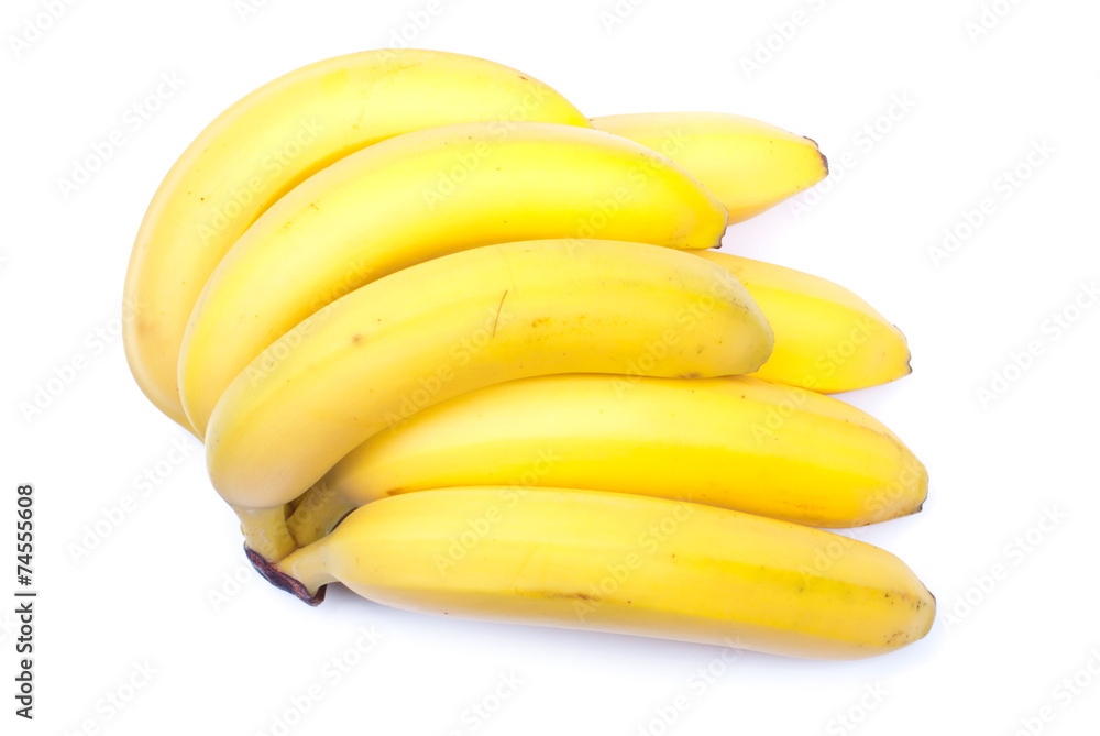 ripe yellow bananas isolated on white background with shadow