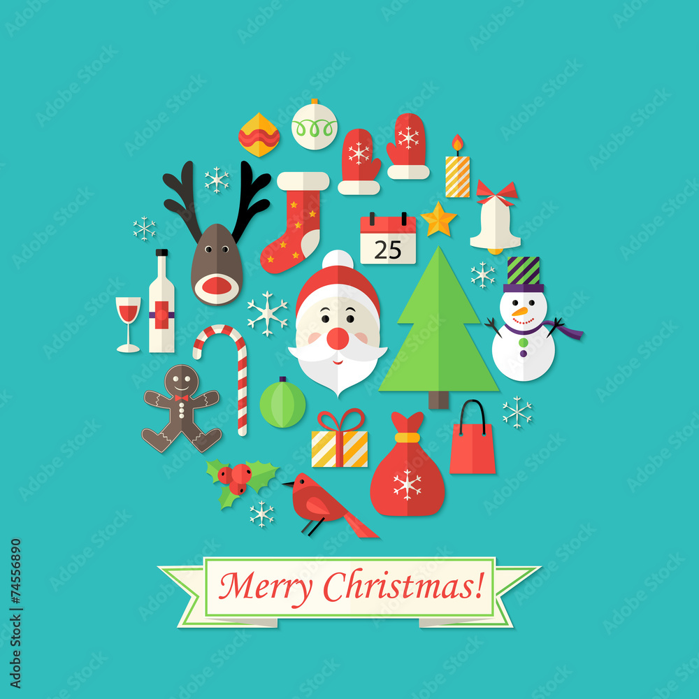 Merry Christmas Card with Flat Icons over Blue Merry Christmas Card with Flat Icons over Blue