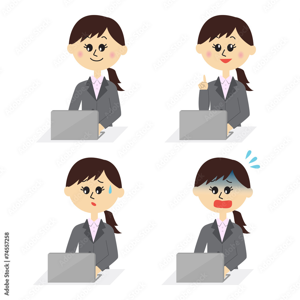Four pose variations of young female employee with a computer Four pose variations of young female employee with a computer