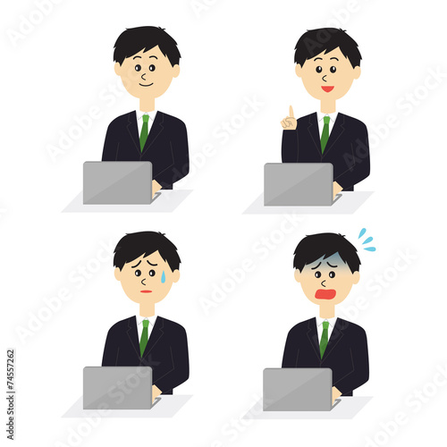 Four pose variations of young male employee with a computer