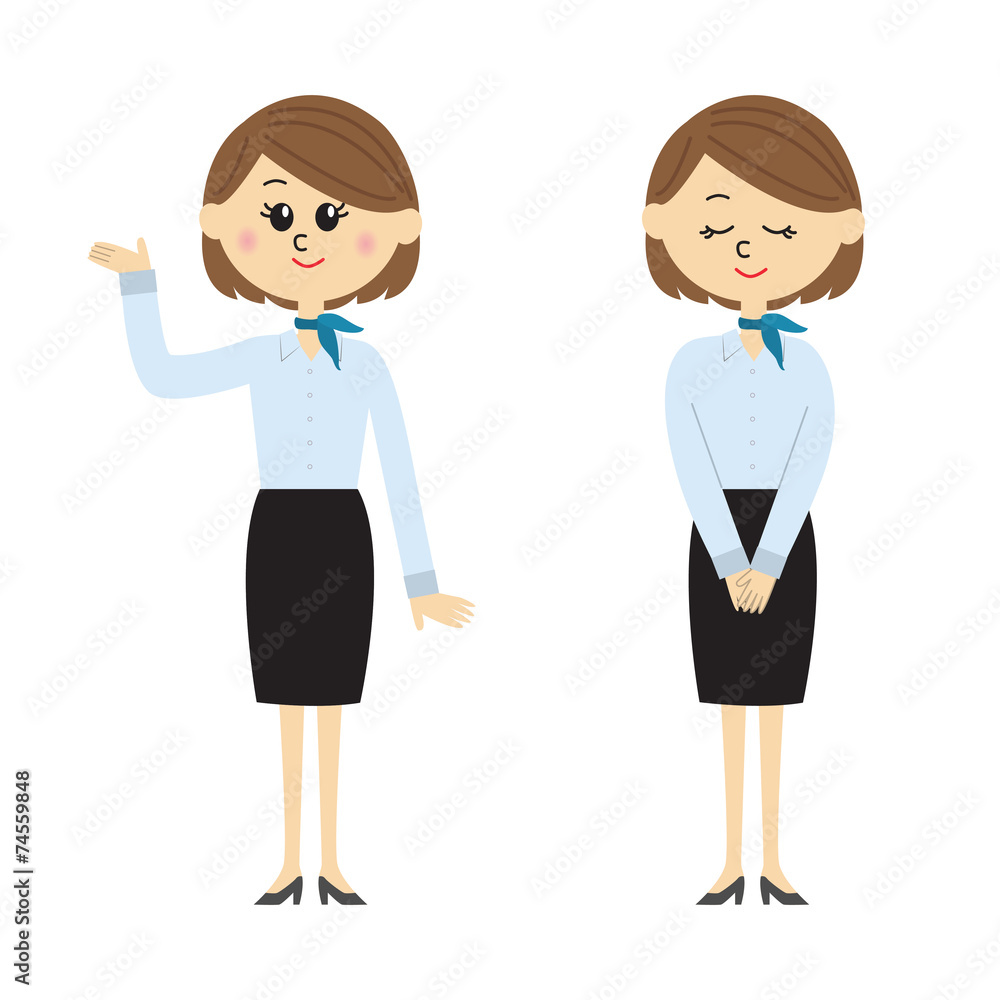 Two pose variations of young woman in a flight attendant outfit