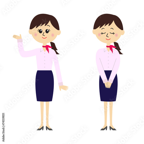 Two pose variations of young woman in a flight attendant outfit