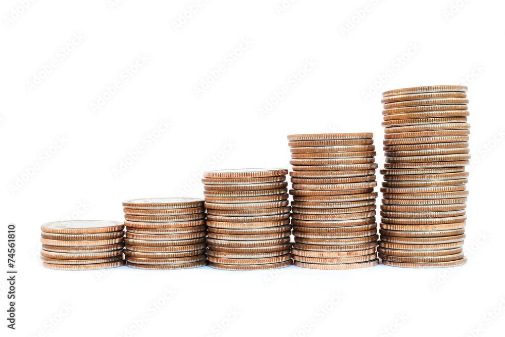 Coin piles on white background. Business and finance concept. Coin piles on white background. Business and finance concept.