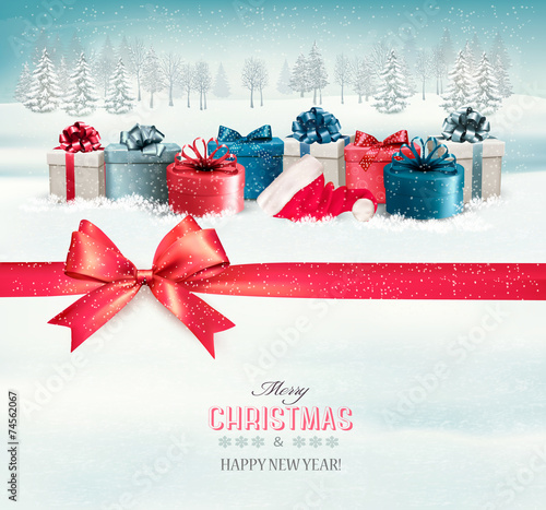 Holiday Christmas background with colorful gift boxes and a red