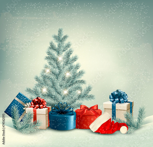Winter background of christmas tree with presents and santa hat.