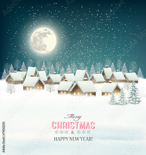 Winter village night background. Vector.