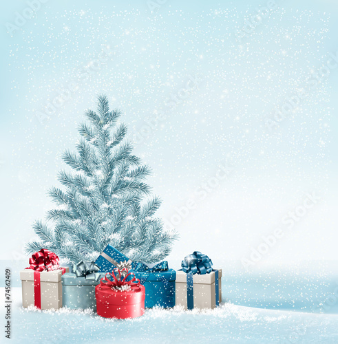 Christmas tree with presents background. Vector.