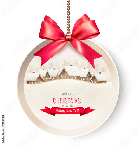 Holiday gift card with a christmas background and a red gift rib