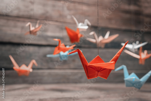 Colorful origami paper cranes photo