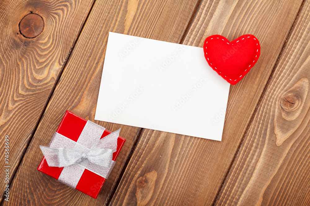 Valentines day toy heart, blank greeting card and gift box Valentines day toy heart, blank greeting card and gift box