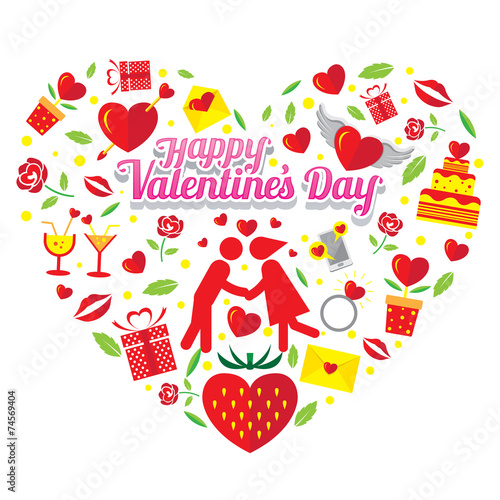 Love Icons Objects and Valentine's Text in Heart Shape