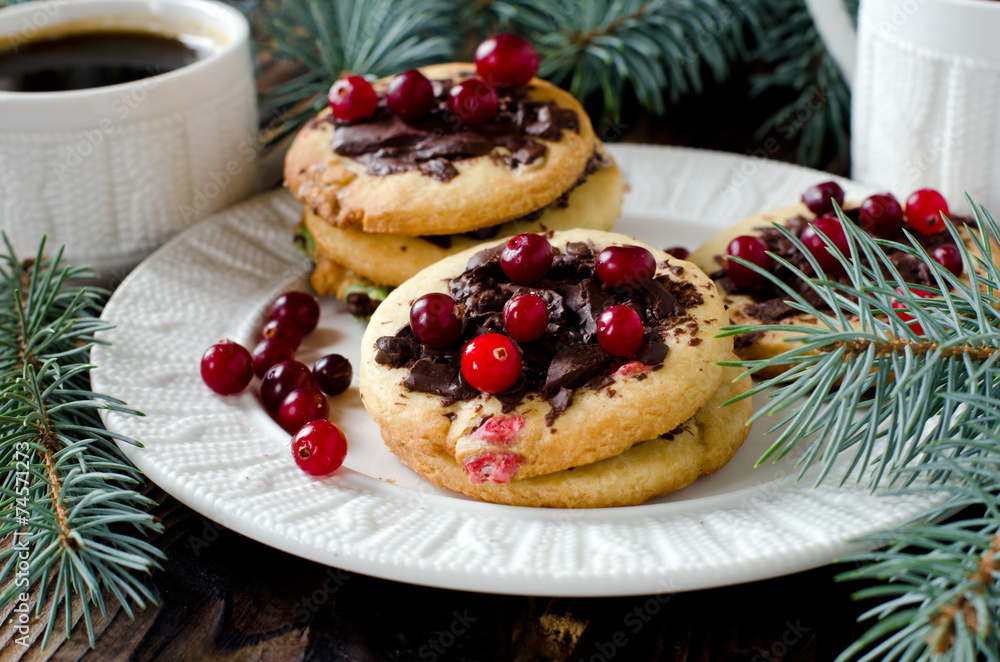 Christmas shortbread cookies with chocolate and cranberries