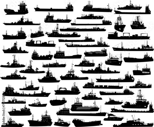 Vector set of 58 silhouettes of sea towboat and the ships