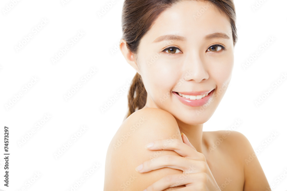 closeup beautiful young woman face isolated on white closeup beautiful young woman face isolated on white