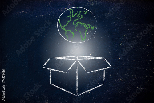 world coming out of a box, concept of worldwide shipping photo