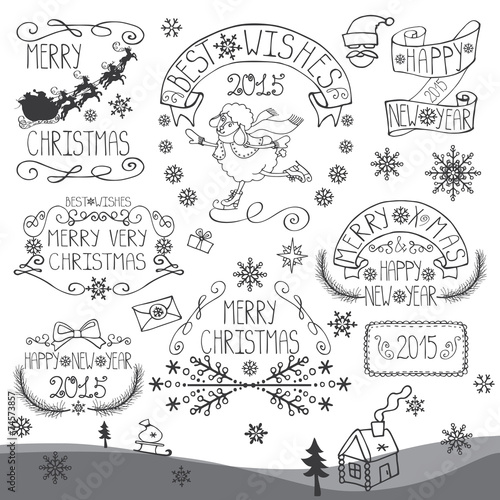 Vintage Christmas,New Year Calligraphic badges set.Outline