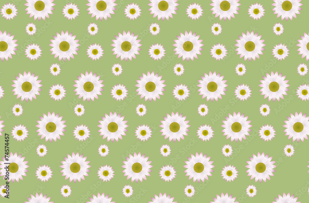 A pattern of a daisies on a green background