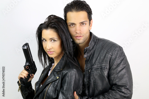 perfect couple dressed in a black leather jacket